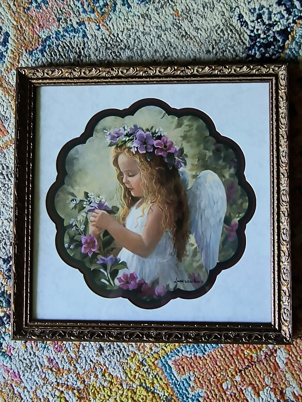 Angel Girl Floral Wall Art Framed Print VTG Home Interior 17×17"